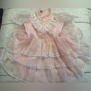 Vintage USA Pageant Party Full Circle Pink White Lace Girls Dress Size 8 As Is